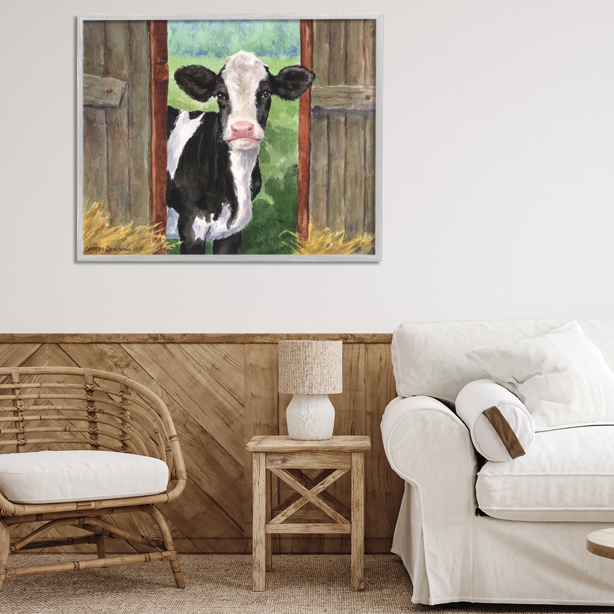 Stupell Industries Cow in Wooden Gate Gray Framed Giclee Art, design by George Dyachenko