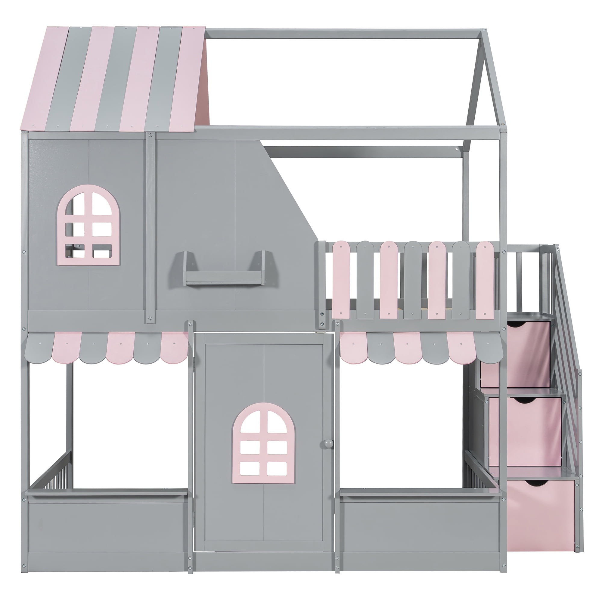 Leumius Full Over Full House Bunk Bed with Storage Staircase & Shelves, Wooden Kids Bunk Bed Frame with Playhouse Design, Roof & Door, Storage Steps and Open Shelving for Boys Girls Gray+Pink