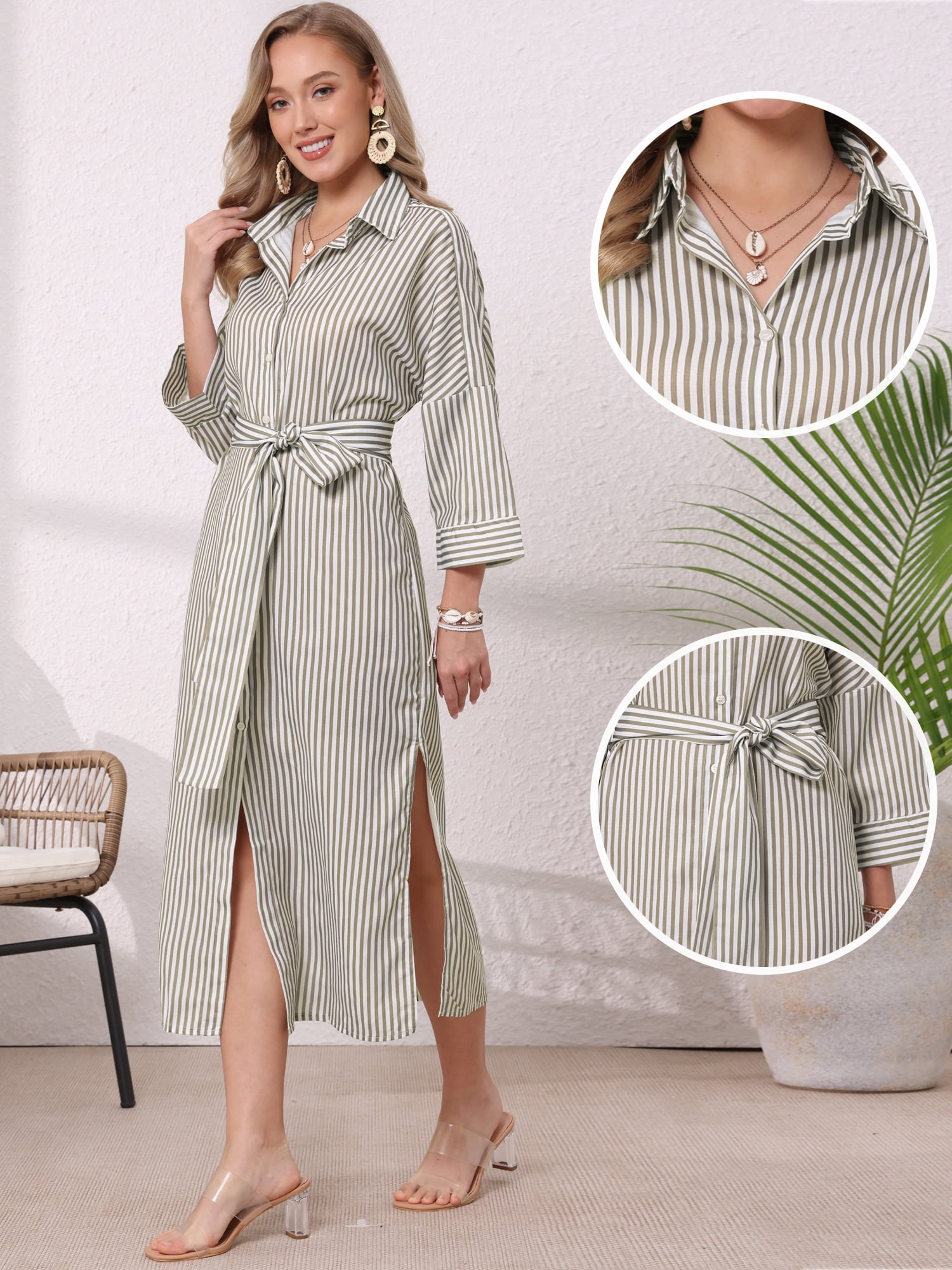 DARING DIVA Women's Stripe 3/4 Sleeve Button Down Split Belted Midi Shirtdress S Khaki