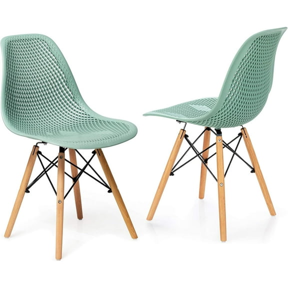 YANG2 Set of 2 Modern Dining Chairs, Outdoor Indoor Shell PP Lounge Side Chairs with Mesh Design, Beech Wood Legs, Tulip Leisure Chairs, DSW Dining Chairs for Kitchen, Dining Room, Green