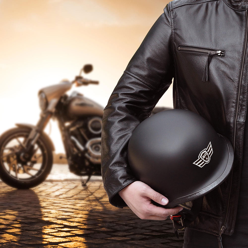 Original German Style Black Leather Half Helmet Motorcycle Chopper Cruiser Biker Helmet Dot FMVSS 218 Standard Adult 