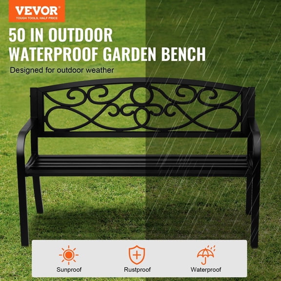 50 Inch Heavy-Duty Metal Outdoor Bench with Backrest & Armrests, 550 lbs Capacity, All-Weather Garden Park Patio Yard Porch Bench, Black