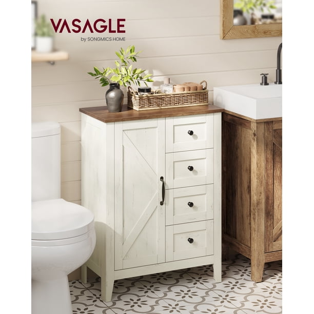 VASAGLE LIRY Collection - Storage Cabinet, Farmhouse Bathroom Floor Cabinet with 4 Drawers, Freestanding Storage Organizer, Barn Door, Adjustable Shelf, Rustic White, UBBK753W01