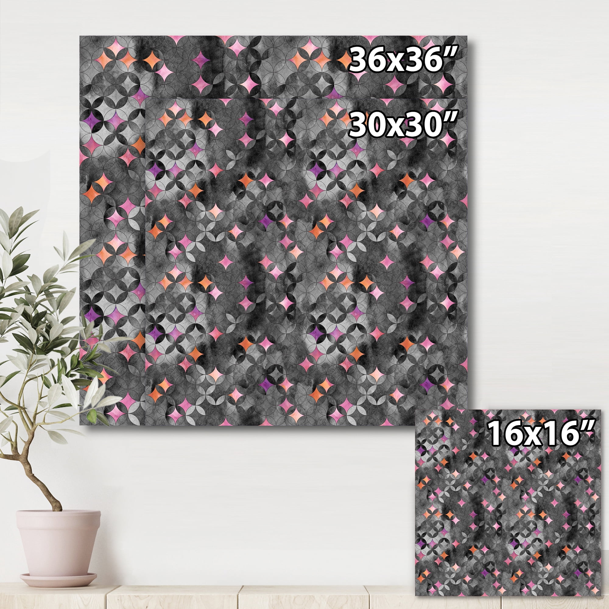 Designart ' Geometry Pink Stars With Intersecting Circles ' Modern Canvas Wall Art Print