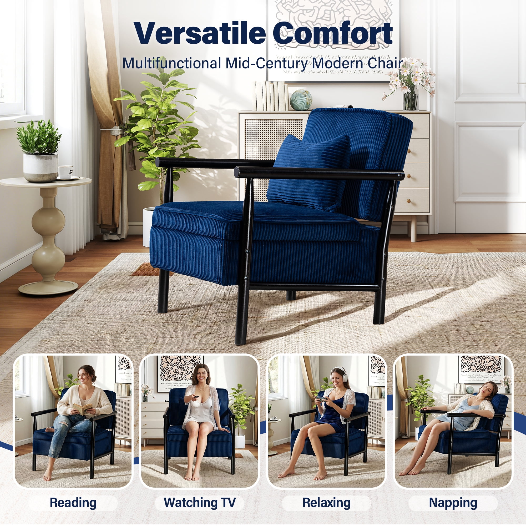 Aukfa Upholstered Accent Chair with Storage Seat & Waist Cushion, High-Density Lounge Armchair for Living Room Bedroom,Blue