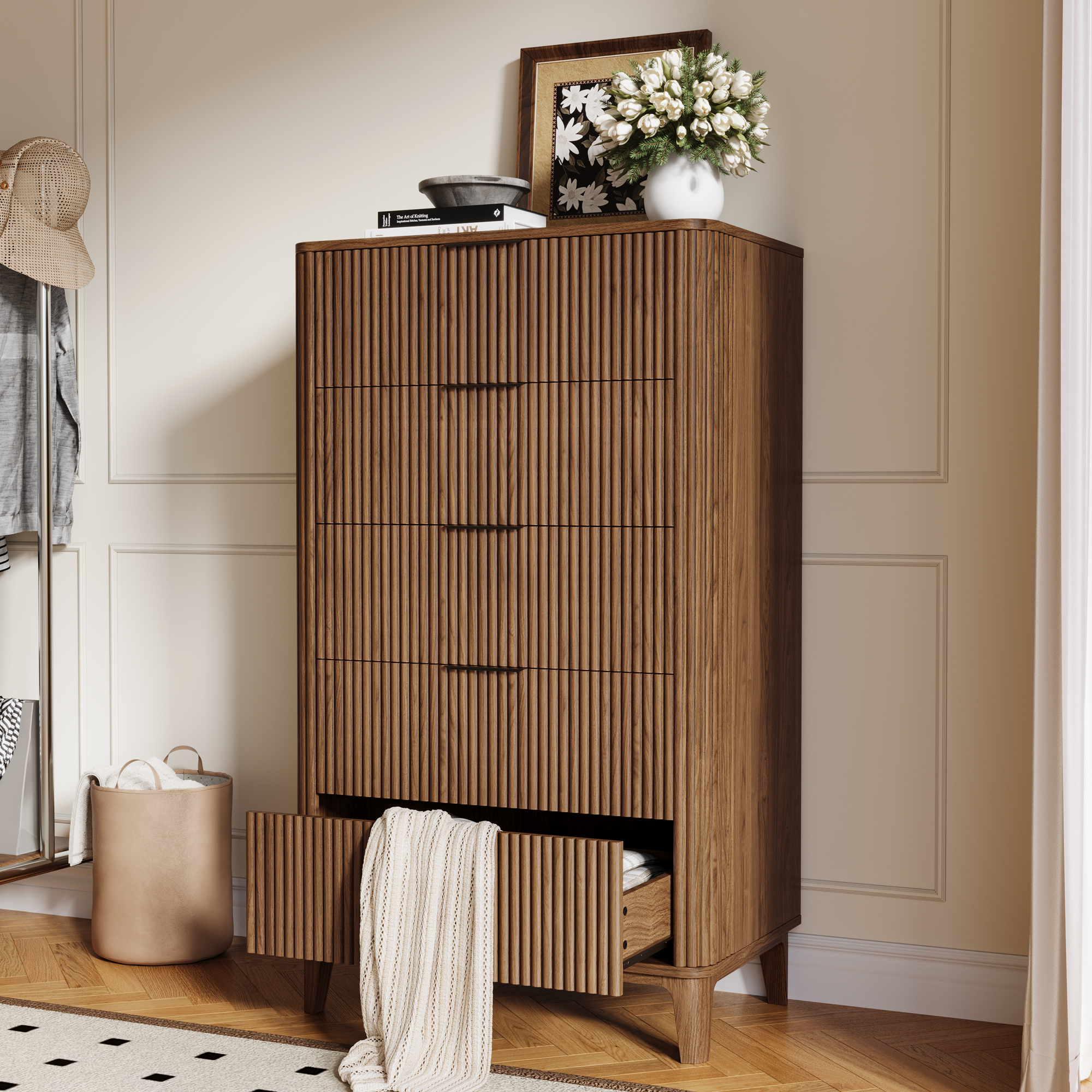 TOKSOM 45.2"H Walnut 5-Drawer Chest, Tall Narrow Dresser for Bedroom & Living Room | Space-Efficient Storage Cabinet with Smooth Drawers, Modern Organizer (25 lbs/Drawer)