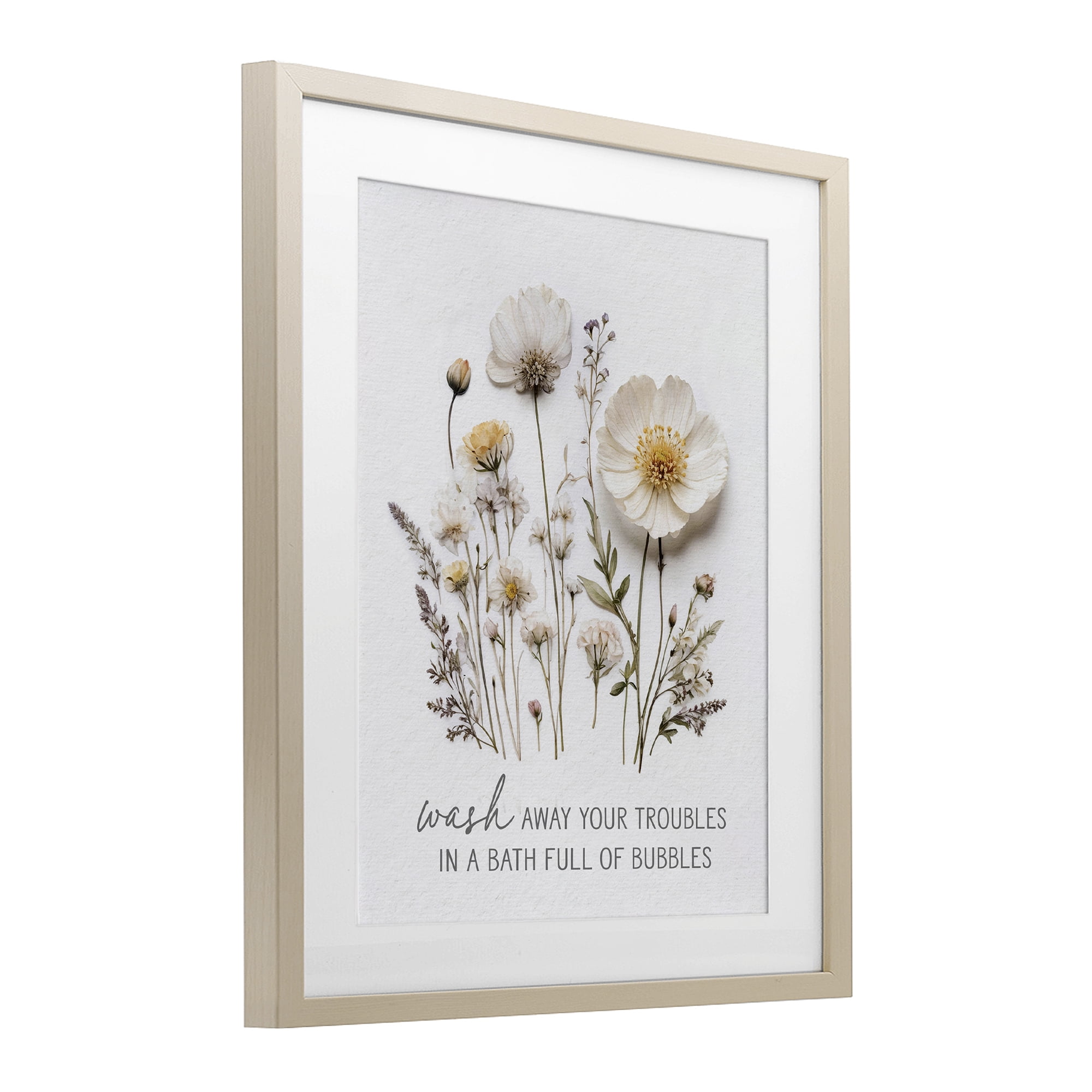 Pressed Flowers Wash Away Troubles Birch Framed Print Under Glass, design by Lettered and Lined
