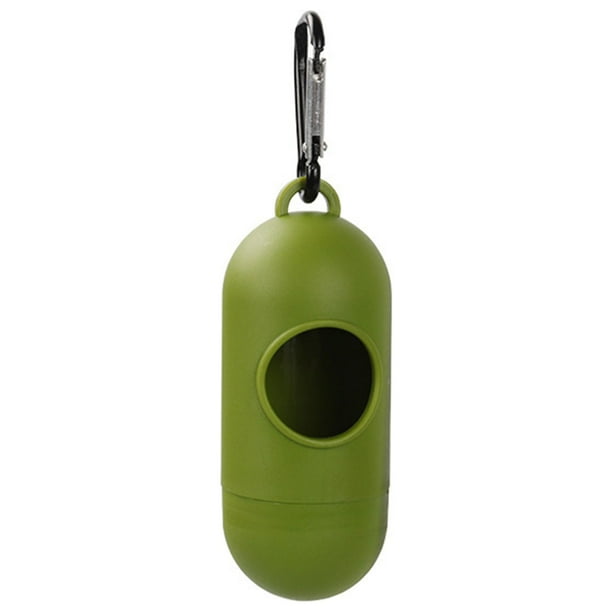 Dispensador de bolsas para excrementos de perro, de plástico, a prueba de fugas, con gancho trasero, 1 dispensador con forma de pastillas verde militar.
