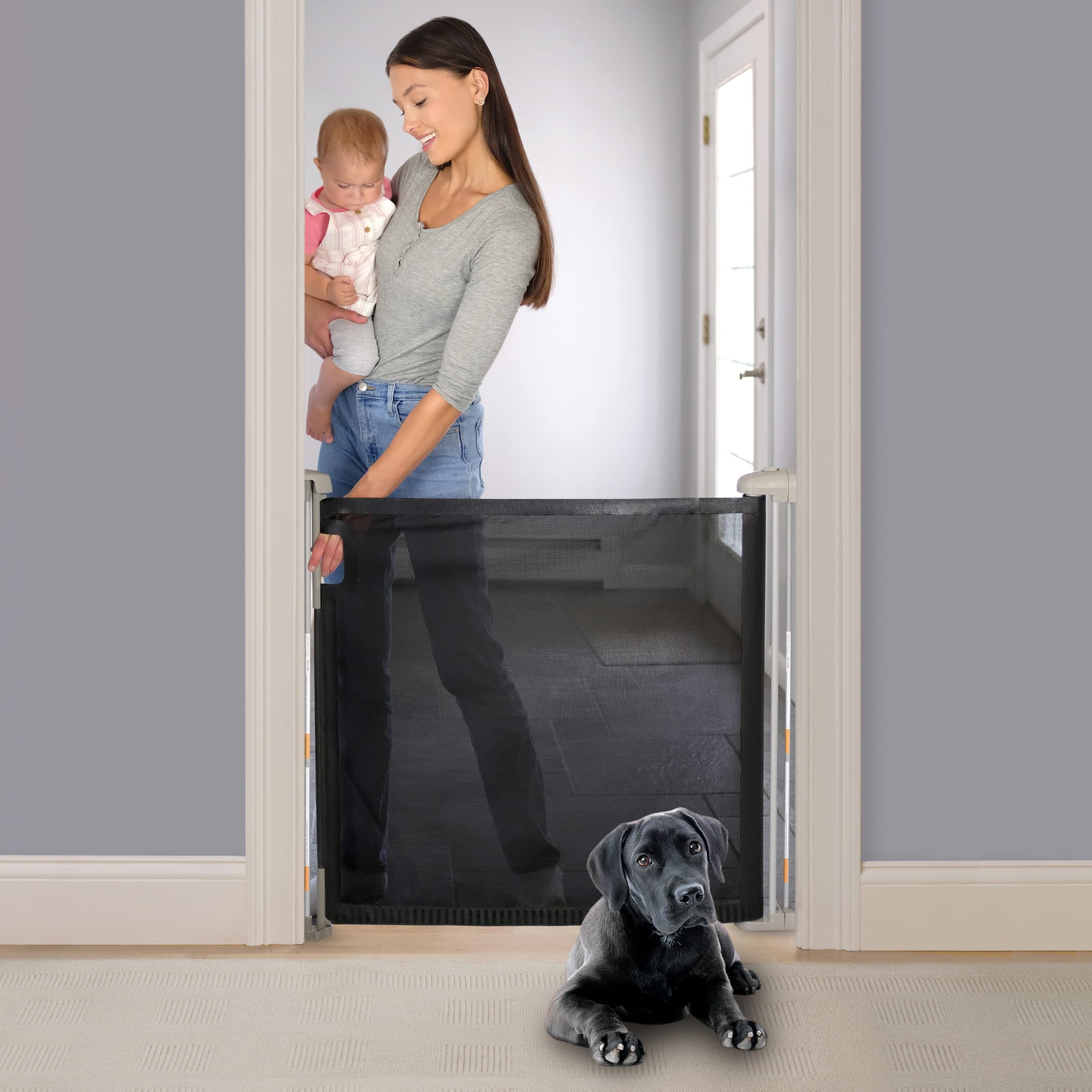 Summer by Ingenuity The Thruway 52W Series Pet and Baby Retractable Gate with Tuck Away Black Mesh Panel, Fits Openings up to 52 Inches Wide, Ages 6-24 Months