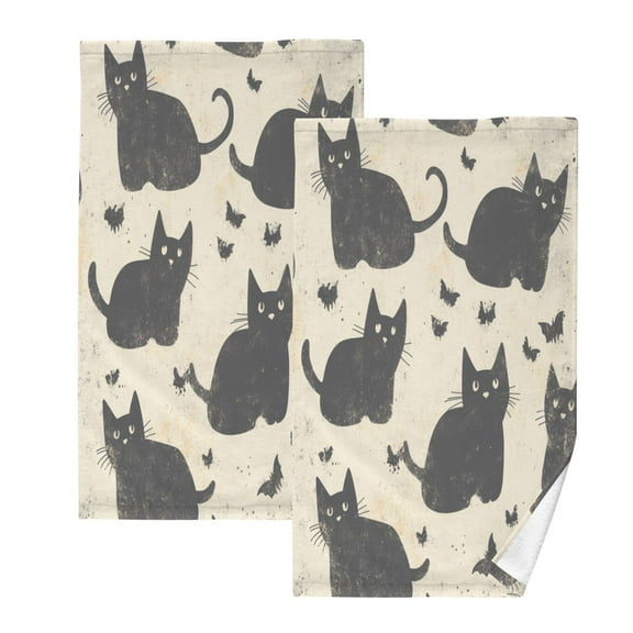Black CatTwo-piece Cotton Towel Set, Absorbent, Soft And Comfortable 16 x 28 in Rectangle, Printed on One Side, Versatile
