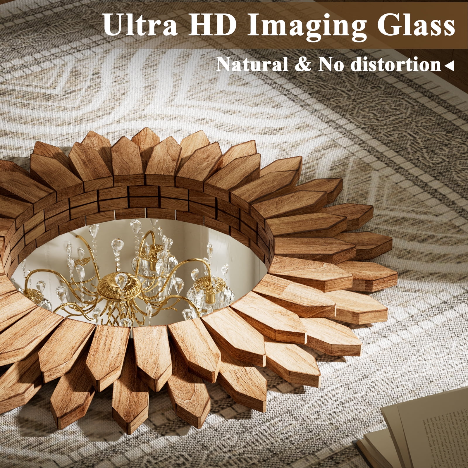Easy4Home 20" Rustic Wood Mirror Wall Decoration Hanging Round Mirror,Light Brown