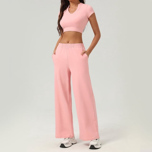 PISONIC Women's V-Neck Crop Top & Shorts Set - Active Fitness Apparel with 4 Color Options