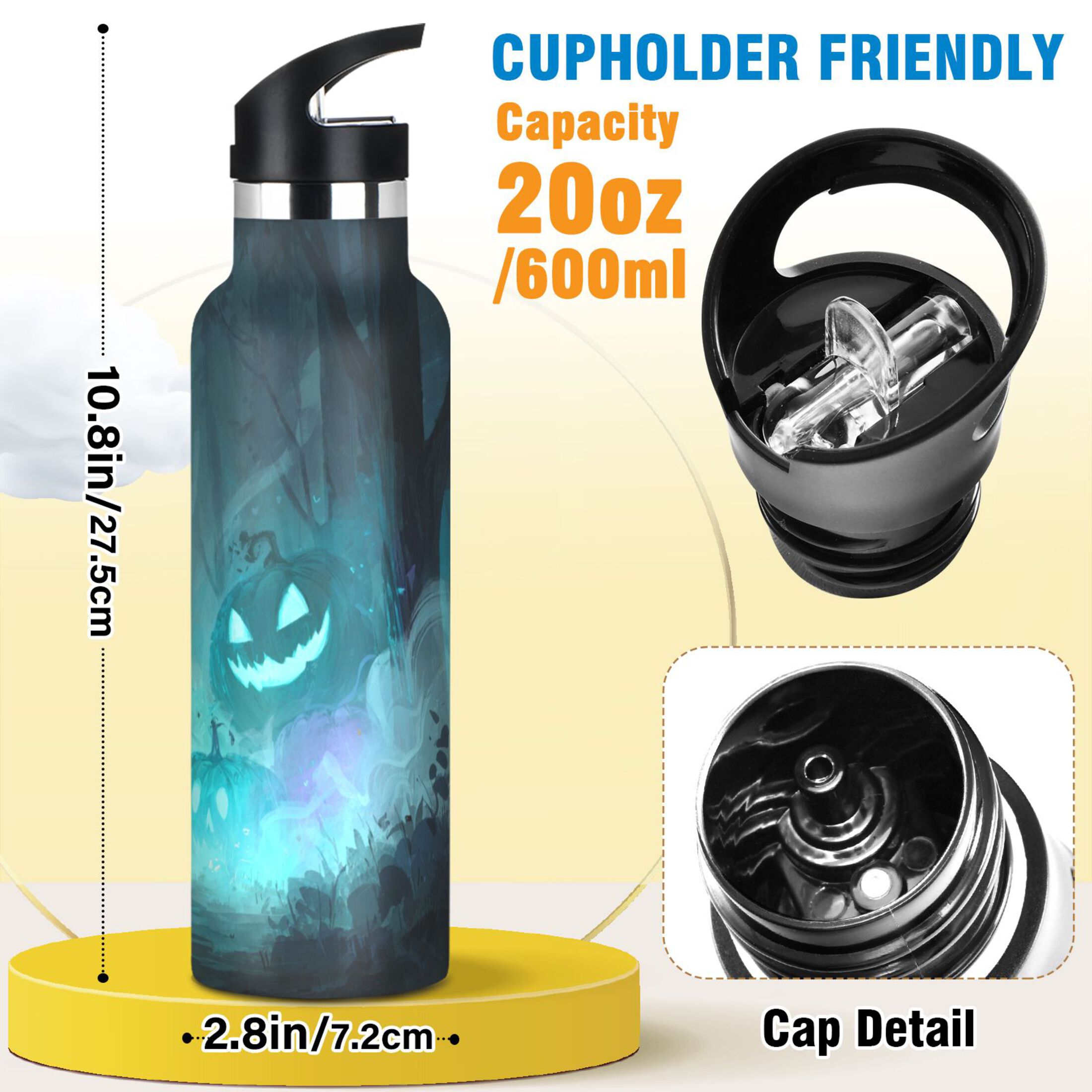 Kids Insulated Stainless Steel Sports Water Bottle 600ml (20oz) Glowing Pumpkins