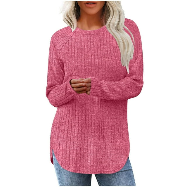 Besolor Tuniques pour Femmes à Col Rond à Manches Longues Chandails en Tricot Ourlet Arrondi Chandail en Maille Automne Hiver Blouses Habillées