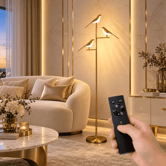 74" Floor Lamp for Living Room,3 Bird Floor Lamp with Remote Control,Dimmable Standing Lamp Tall Pole Lamps for Bedroom,Gold,Bulb Included