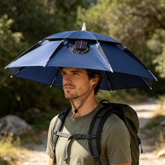 Solar Powered Fan Umbrella Hat 31.5in UPF 50 Dual Cooling Hands Free Outdoor Sun Protection Hat for Fishing Golf Camping(Navy,One Size)