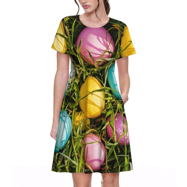 Easygdp colorful Easter eggs para Vestido Transpirable de Mujer, Vestido Suelto de Manga Corta con Pliegues y Bolsillos para el Verano