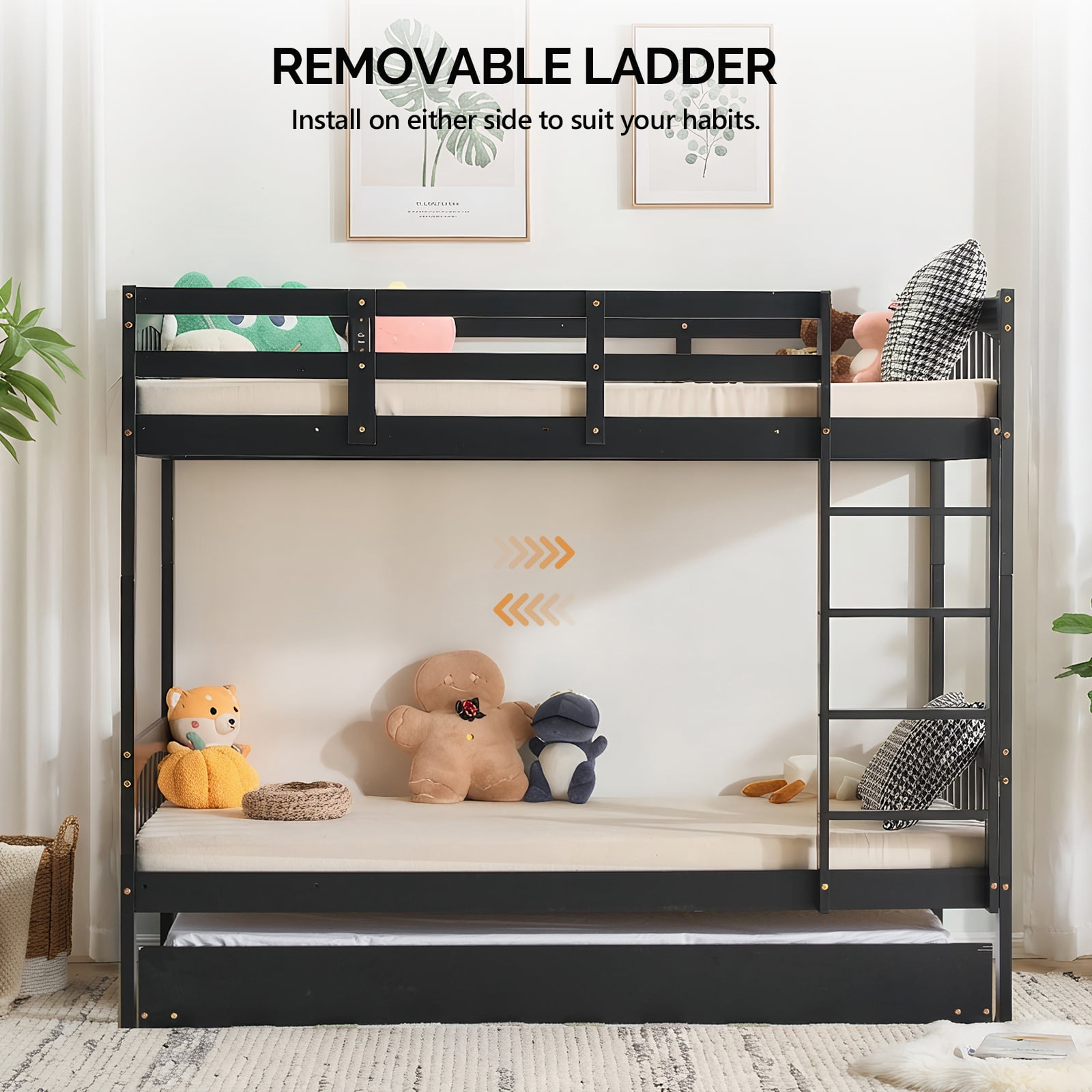 Ktaxon Solid Wood Twin-over-Twin Bunk Bed with Trundle, Bunk Bed Frame with Guardrails & Charging Station, Black