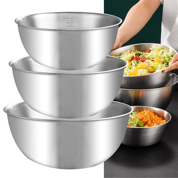 3-Piece Stainless Steel Mixing Bowl Set with Measurements, Thickened Round Salad Bowls for Baking and Cooking, Silver