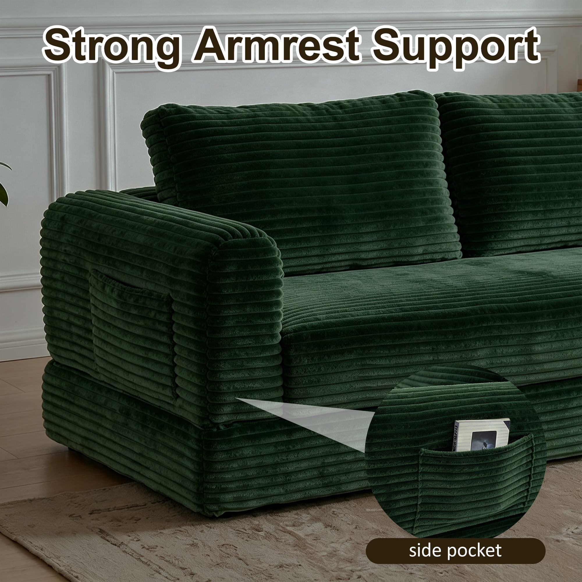 76" Convertible Futon Sofa Bed,Folding Boneless Floor Couch with Deep Seat,Cloud Corduroy Fold Out Sleeper Sofa with Memory Foam Cushion for Living Room,Bedroom,Green