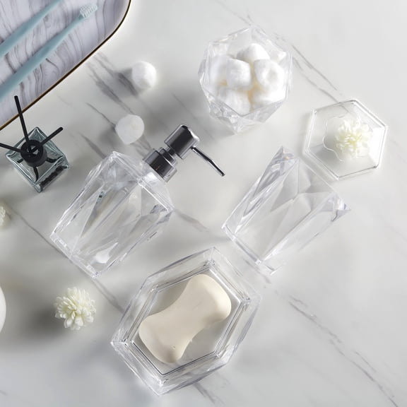 Locco Decor Bathroom Vanity Accessory 4 Pieces Clear Acrylic Modern Design Tumbler, Soap Dispenser, Soap Dish, Toothbrush Holder