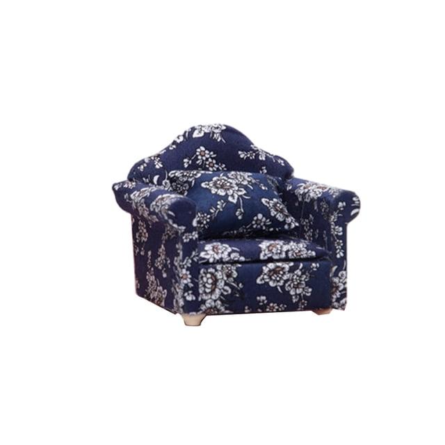 Single Sofa - Wide Application Single Wooden Dolls Gift Polyester Application Miniature Single Sofa chequer Blue flower