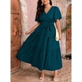 thumbnail image 3 of Teal Blue Plus Size V-Neck Wrap Maxi Dress With Tiered Ruffle Hem And Self-Tie Waist Belt, Short Sleeve, 3 of 6