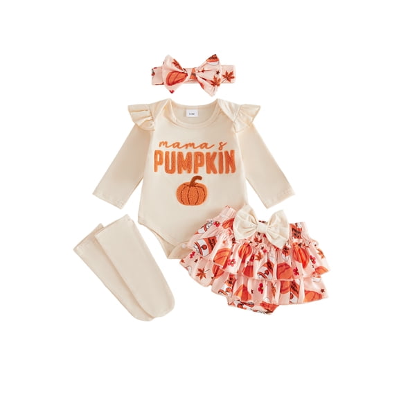 RUINIXCW Newborn Baby Girl My First Halloween Outfit Infant Girl Fall Clothes Embroidery Long Sleeve Romper Ruffled Skirt Headband Stockings Set