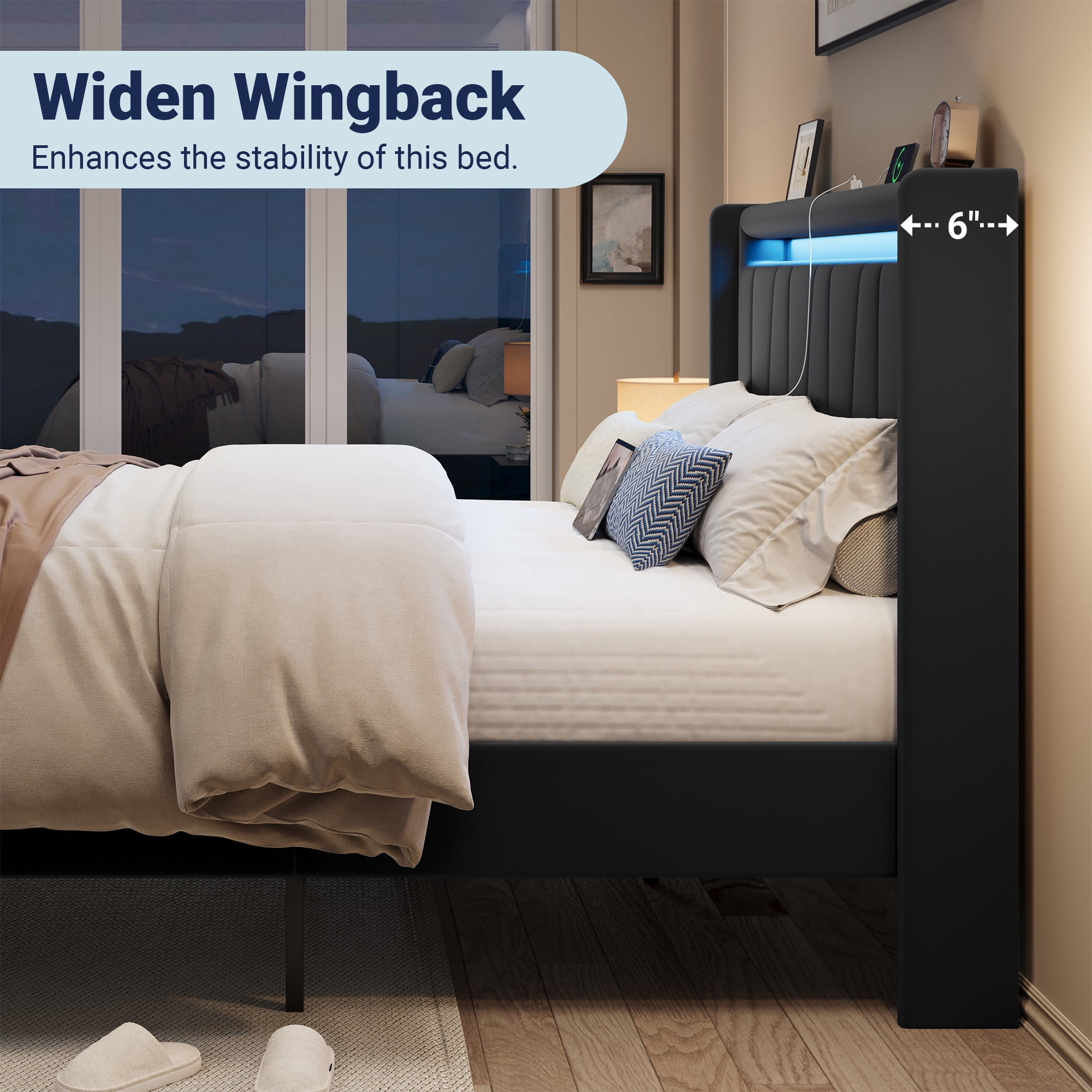 Allewie Full Size LED Bed Frame with Charging Station, Velvet Upholstered Platform Bed with Geometric Wingback Headboard, Black