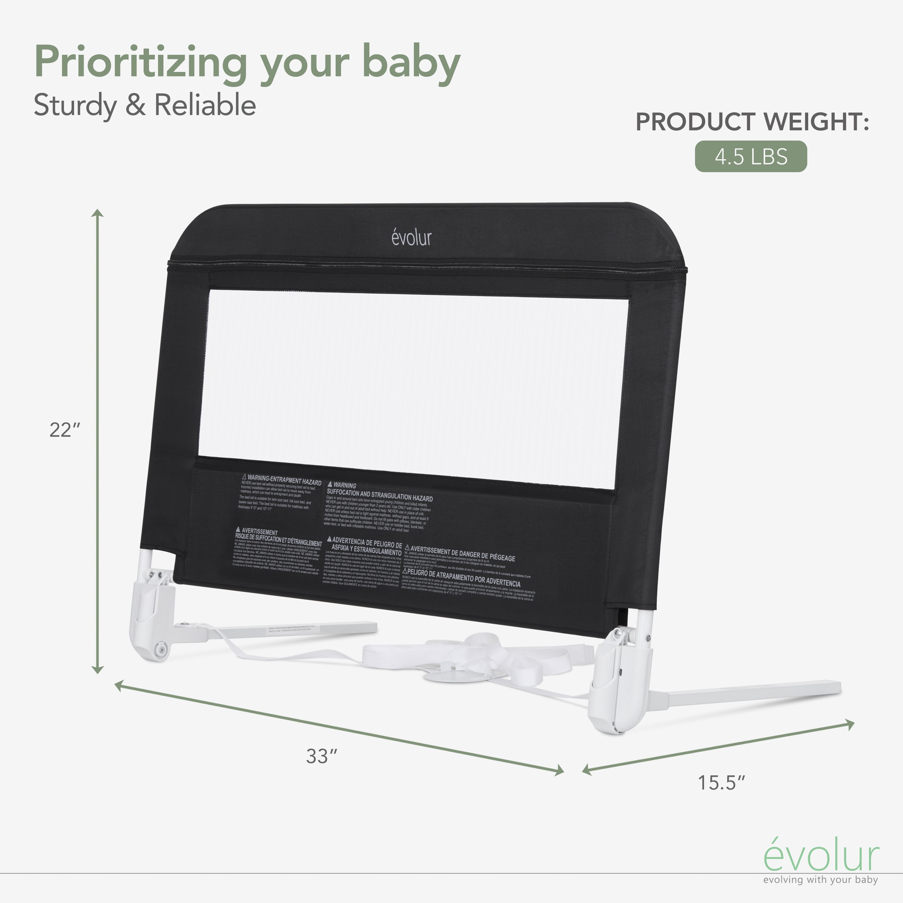 Evolur Snooze Shield Bed Rail for Toddlers, Swing-Down, 33 in, Black