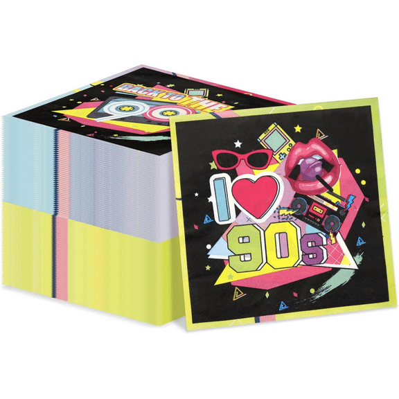 100Pcs 90s Napkins 90's Party Decorations Napkins Colorful 90’s Hip Hop Napkins for Back to the 90s Theme Birthday Party Supplies, 13 x 13inch