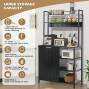 MAGIC UNION Black Bakers Racks Kitchen Microwave Stand Cabinet with 10 Gallon Trash Can Bin Cabinet and Power Outlet, 6-Tiers Farmhouse Coffee Bar Table Station with 6 Hooks and Storage Shelf
