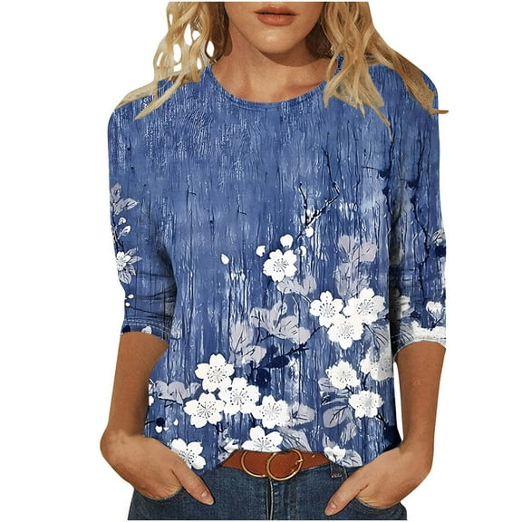 SHE IS Womens 3/4 Sleeve Tops, Shirts for Women Long Sleeve Cotton Loose Long Sleeve Blouses for Women Dressy Womens Long Sleeve Blouses for Work V Neck Graphic Tees for Women Trendy Cropped