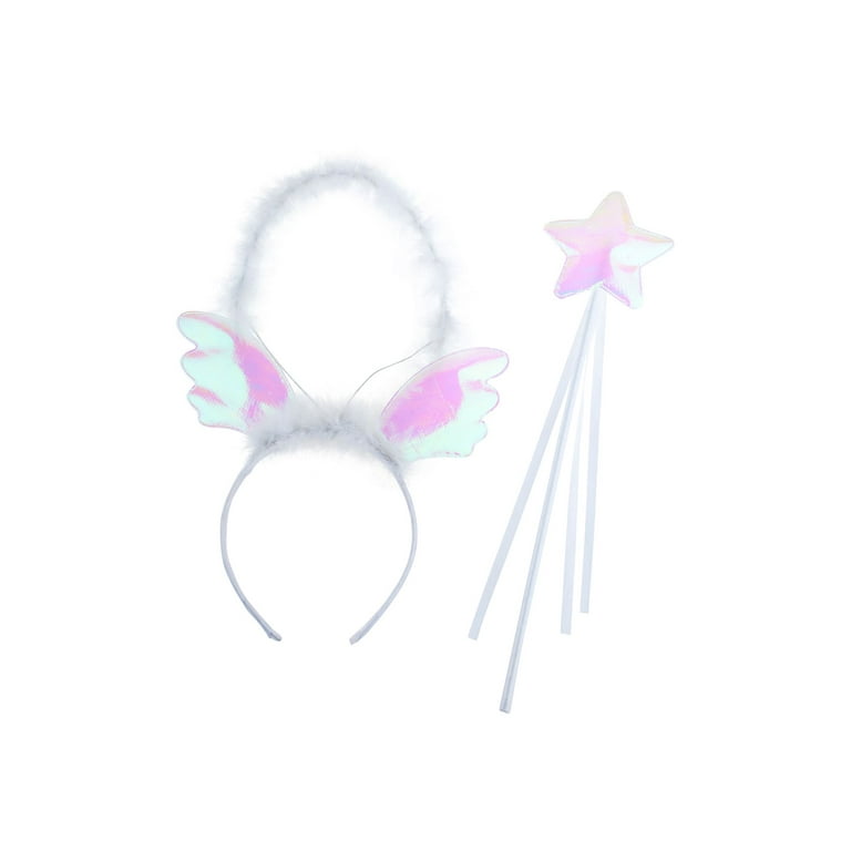 Lux Accessories White Angle Crown Mini Wings Furry Fashion Headband Star Wand, Kids Unisex, Size: One Size