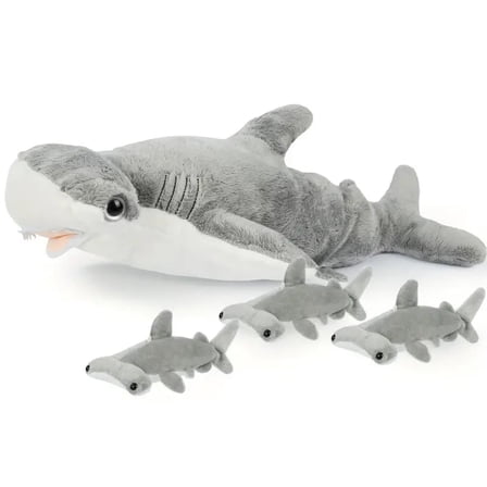 Adorable 20" Gray Hammerhead Shark Plush Pillow with 3 Mini Sharks - Soft, Safe PP Stuffed Ocean Animal Toy, Perfect for Sea Life Enthusiasts, KINGDALUX