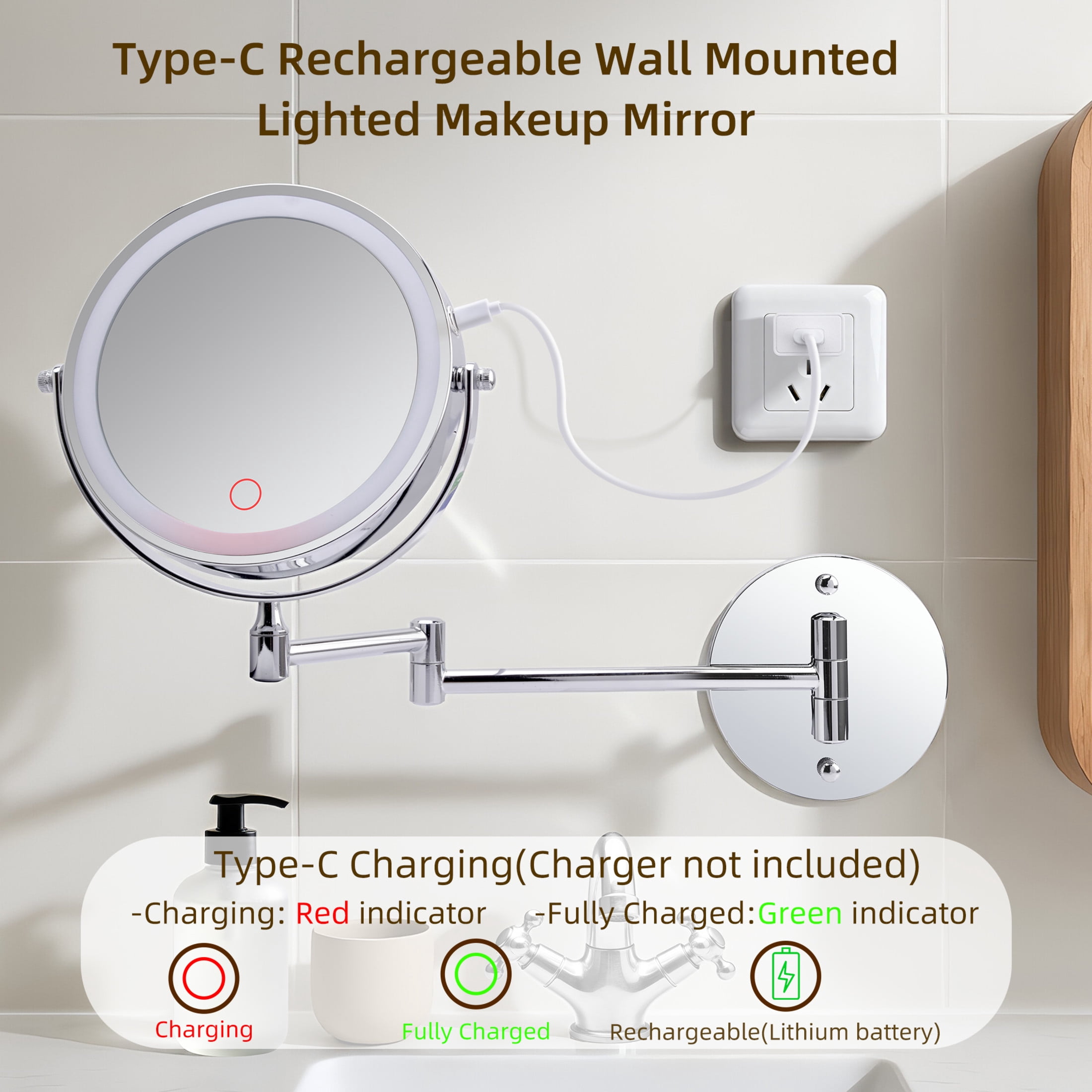 Noble House 10.4" Rechargeable Wall Mounted LED Makeup Mirror, Brushed Double-Sided Rotation Vanity Mirror, Chrome