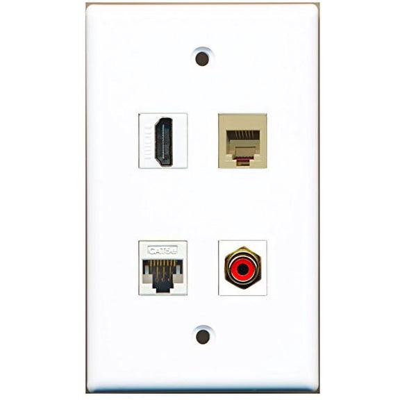 RiteAV - 1 Port HDMI 1 Port RCA Red 1 Port Phone RJ11 RJ12 Beige 1 Port Cat5e Ethernet White Wall Plate