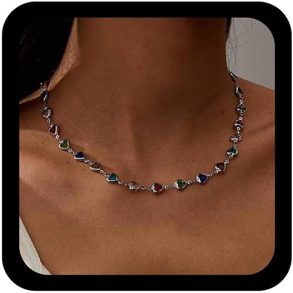 Boho Rainbow Gemstone Heart Necklace Colorful Crystal Choker Necklaces Multi Heart Bead Necklace Multicolor Cz Necklaces Gold Sparkle Rhinestone Pendant Party Prom Jewelry for Women