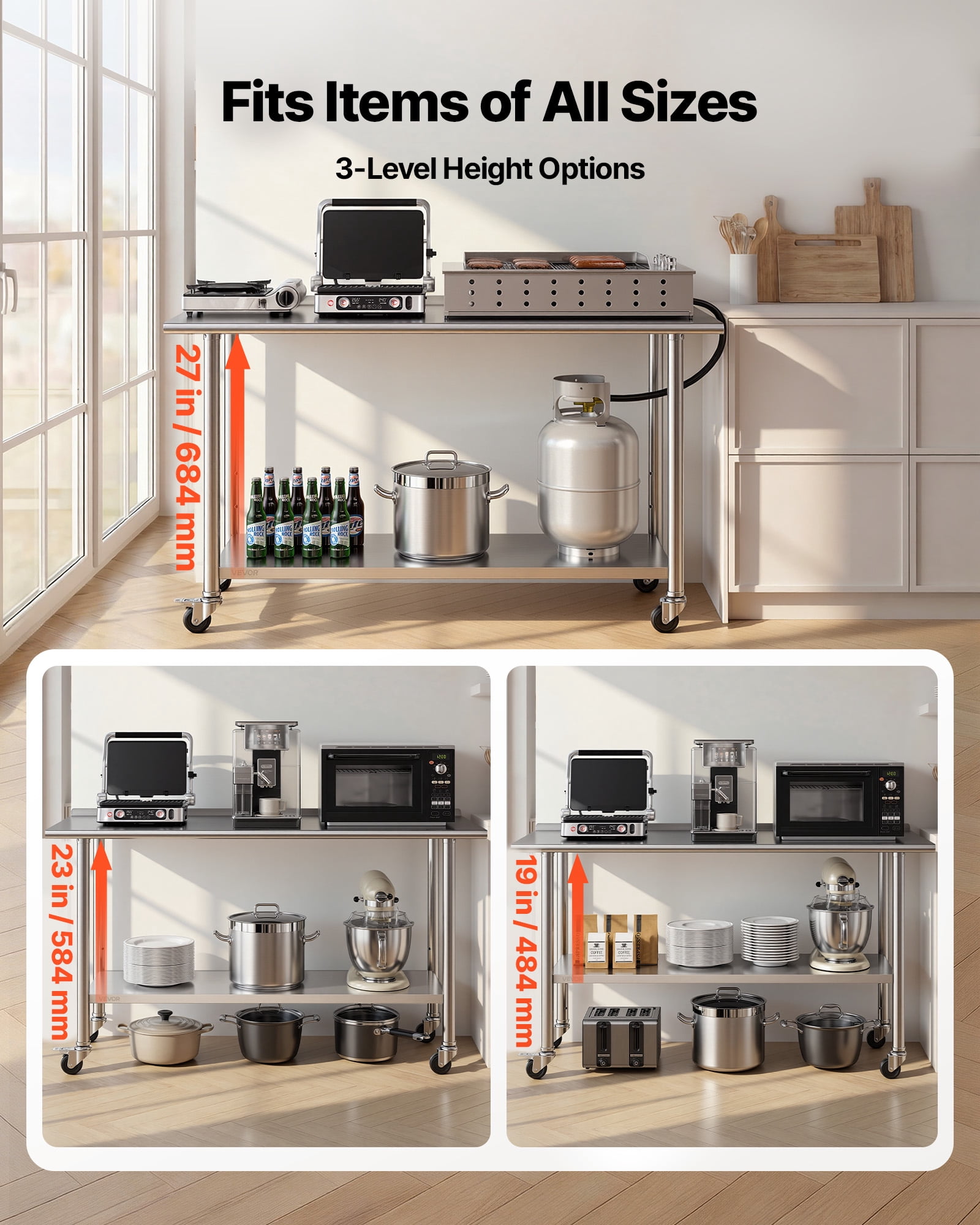 VEVOR Stainless Steel Work Table, 24x60 inch Food Prep Table with Wheels and Backsplash, Commercial Kitchen Workstation with Adjustable Undershelf, Metal Utility Worktable, for Restaurant Home