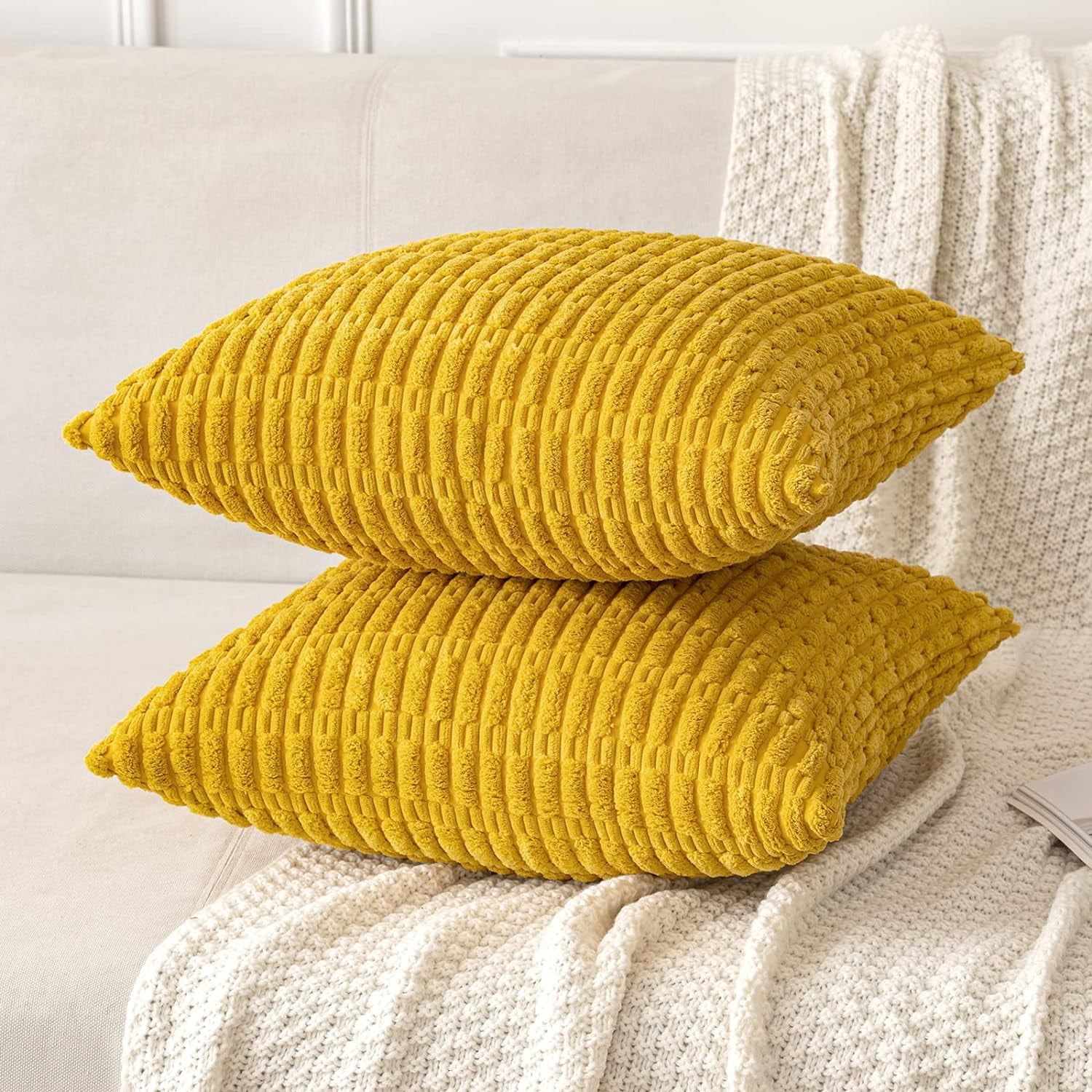2-Pack Mustard Yellow Corduroy Throw Pillow Covers, 18x18 Inch Soft Striped Decorative Cushion Covers for Sofa, Bed, Fall Decor