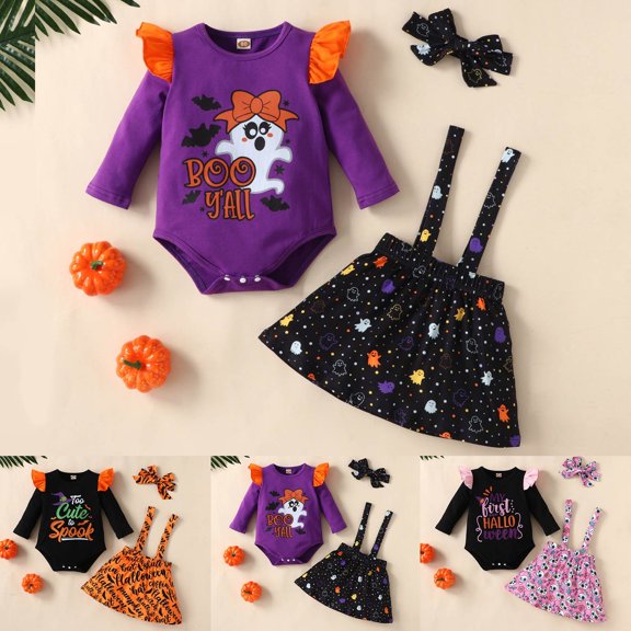 SOFTCCLO Baby Girl Halloween Outfit Fall Elements Long Sleeve Romper Suspender Skirt Clip 3 Piece Sets Size 9-12M
