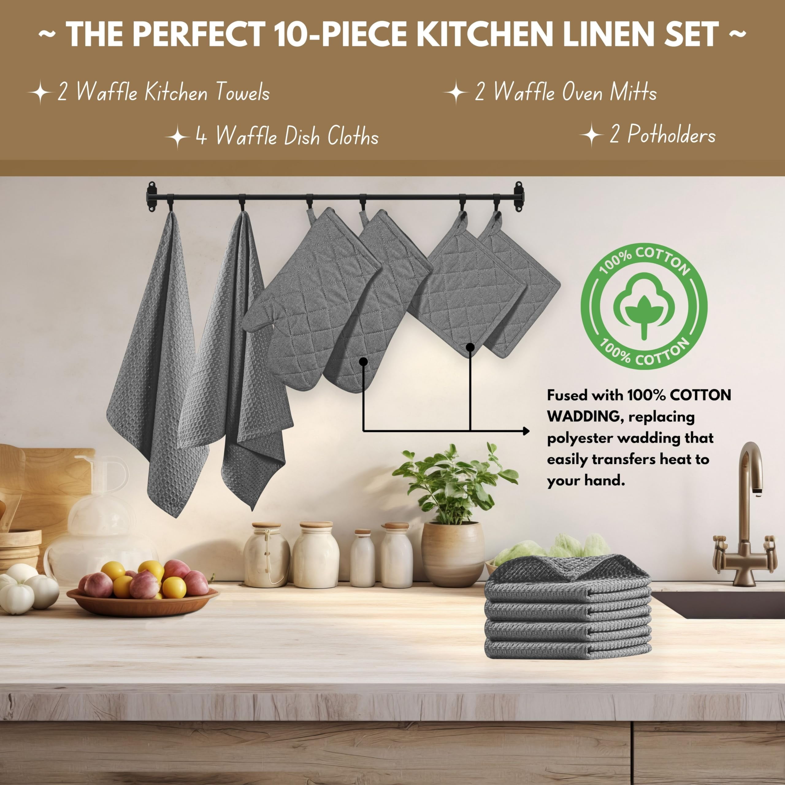 Native Fab 10-Piece Kitchen Set - 100% Cotton, Includes Dishcloths, Dish Towels, Oven Mitts, Potholders, Heat Resistant & Durable, Ideal for Baking, Cooking, and Everyday Kitchen Tasks - Grey