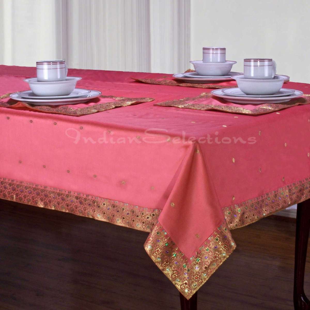 Pink Handmade Sari Oblong Tablecloth (India) 60 X 84"