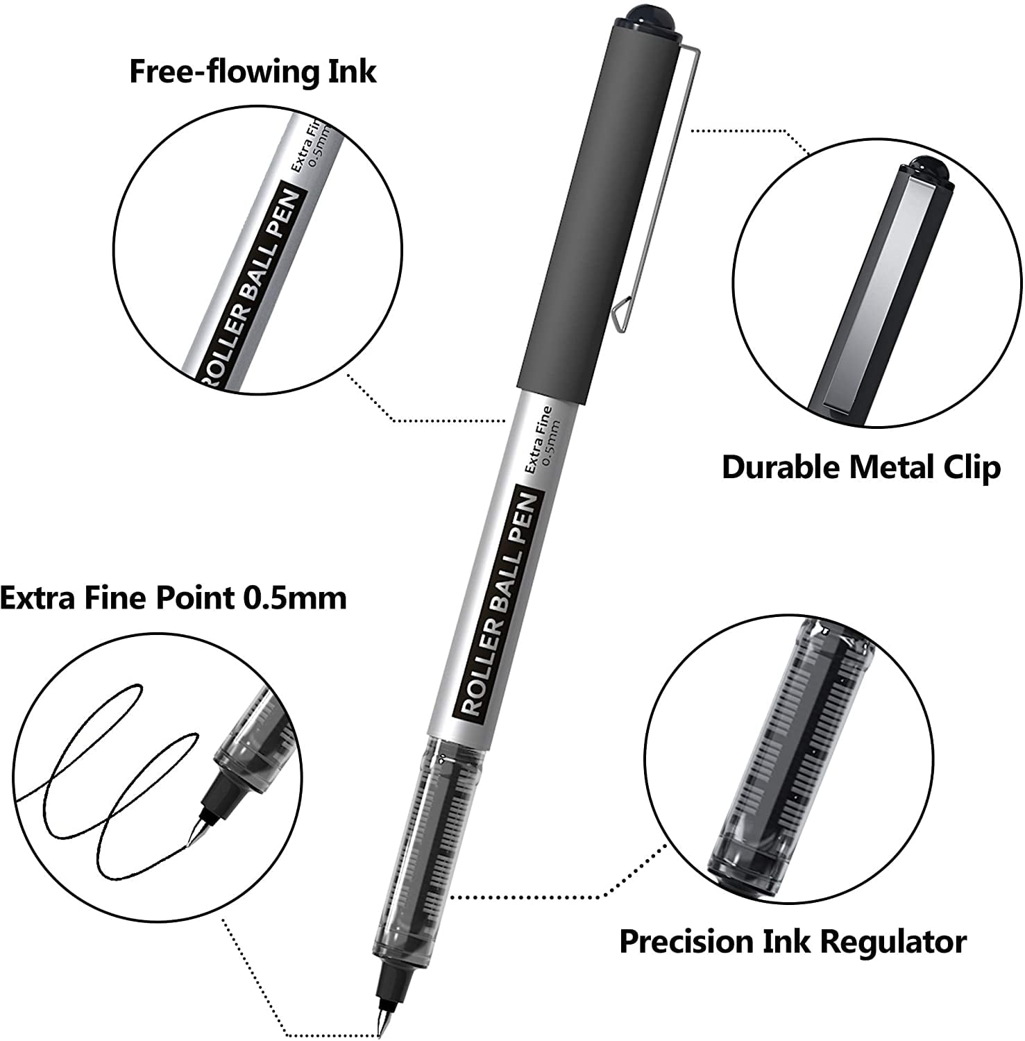 RollerBall Pens, Shuttle Art 50 Pack Black Fine Point Roller Ball Pens, 0.5mm Liquid Ink Pens for Writing Journaling Taking Notes
