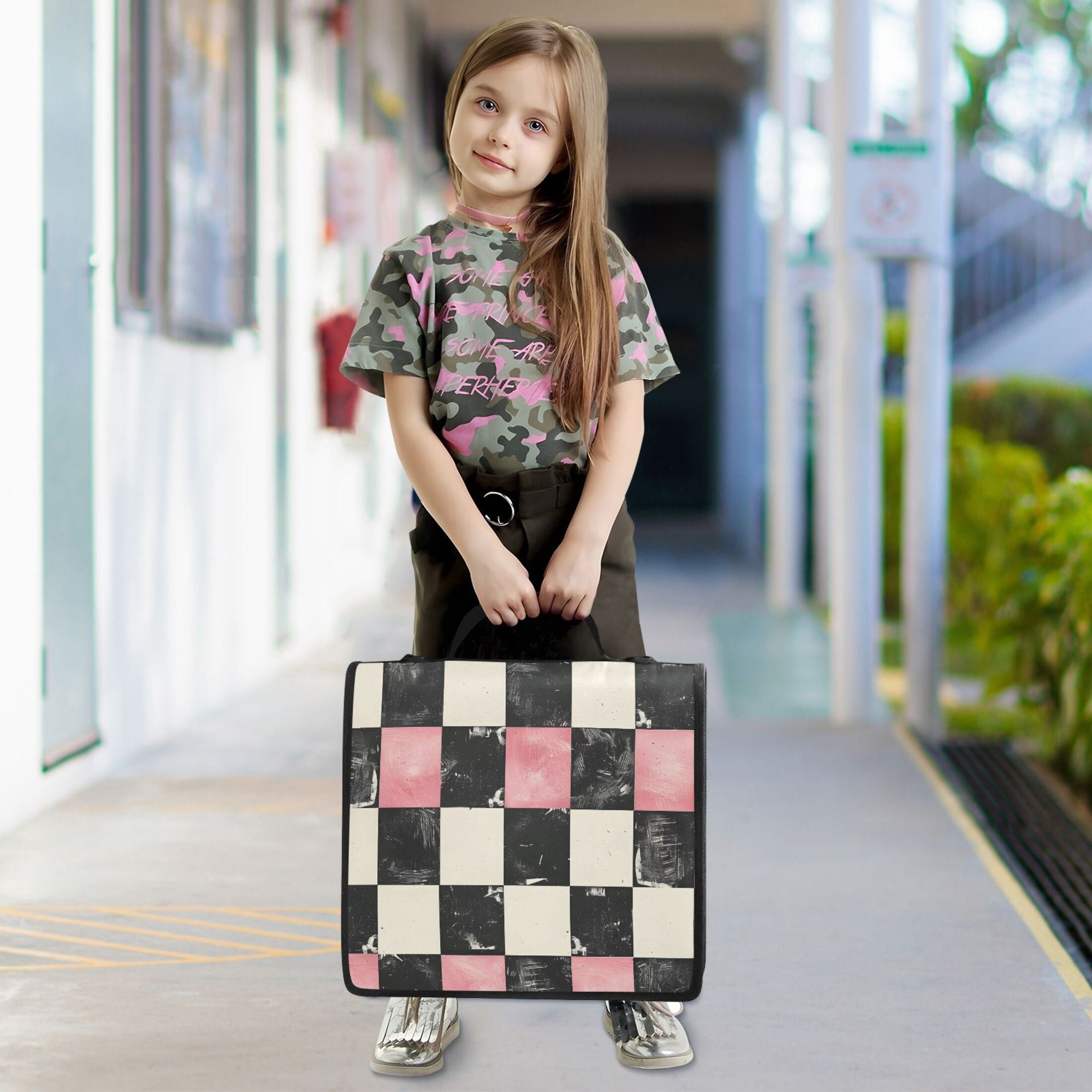 ALAZA Zipper Binder Pink and Black Checkered Pattern 3 Ring Trapper Keeper File Folder Organizer Bag