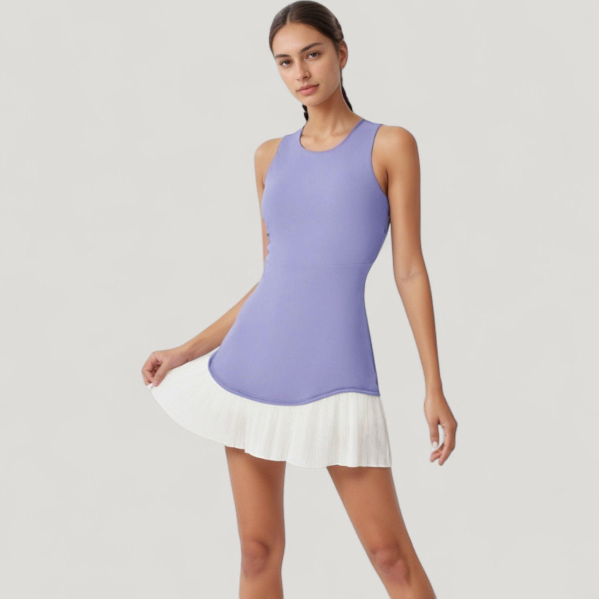 Women's Sleeveless Tennis Dress with Scoop Neck Fitted Bodice and Contrast Pleated Hem - Large, Lavender