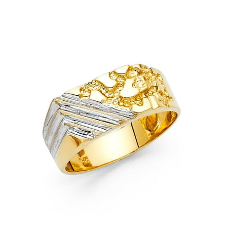 14k White Goldmans Ring - Mens Square Nugget Ring Solid 14k Yellow & White Gold Diamond Cut Two Tone Genuine 9MM