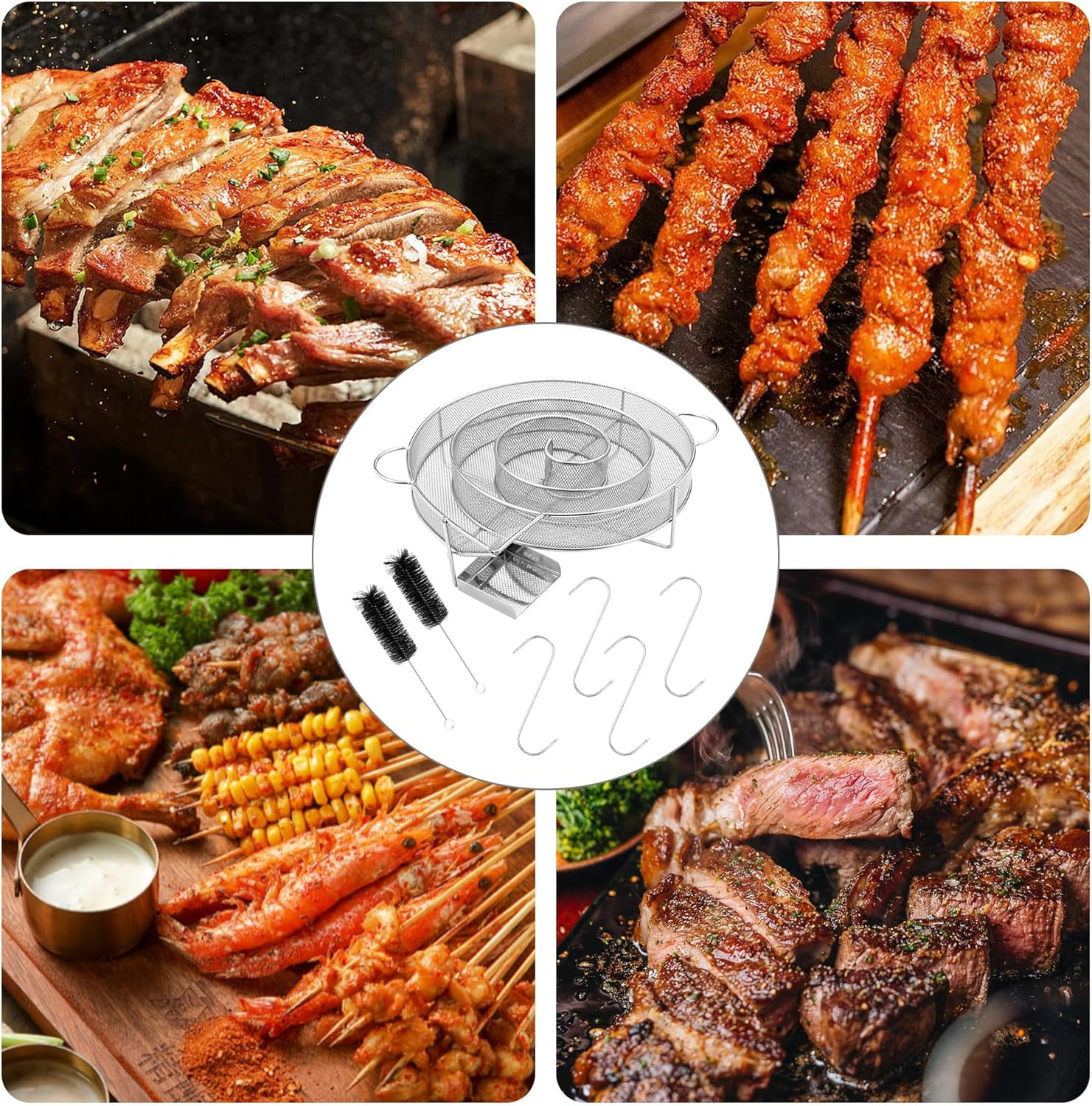 Cold Smoke Generator Made of Stainless Steel, Round Smoker Snail, Savings Burn Smoker Oven with Handle, with 4 Meat Hooks + 2 Cleaning Brushes, Meat Smoker Oven for Kettle Grills, Smokers and Smoking