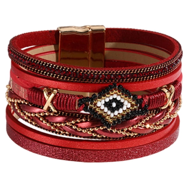 Pulsera multicapa envolvente, joyería, regalos, pulsera boho hecha a mano, cuerda trenzada Rojo