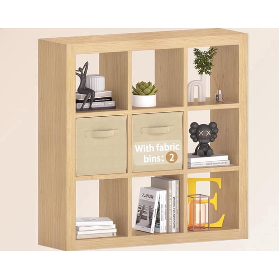 9 Cube Shelf, Closet Storage Organizers, Modern Open Bookcase with Bins, Multifunctional Display Cube Bookshelves for Living Room, Bedroom, Home Office, Oak